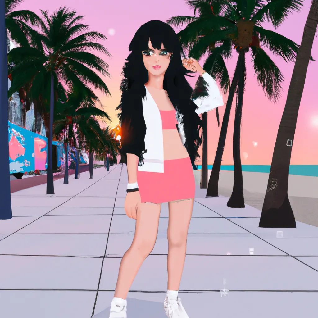 Prompt: brunette Asian party girl on Miami beach boardwalk with palm trees in anime style