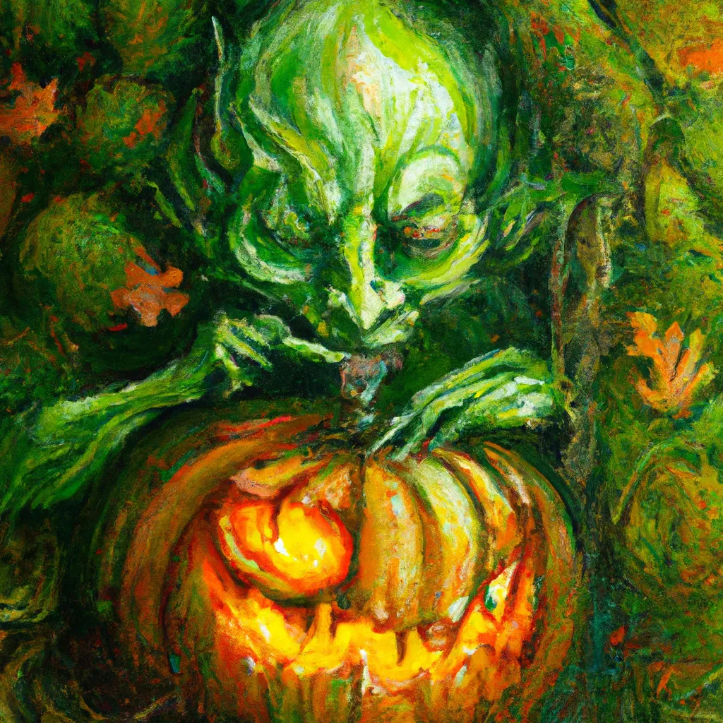 Prompt: a beautiful terrifying pumpkin being carved by an evil pumpkin bald goblin made of moss and vines by Anna Dittmann. John Goblikon. Incredibly detailed, maximalist matte painting. Portrait of a God. Colorful, bright, hues of green. 8K resolution, HD, DSLR, polished, realistic oil painting