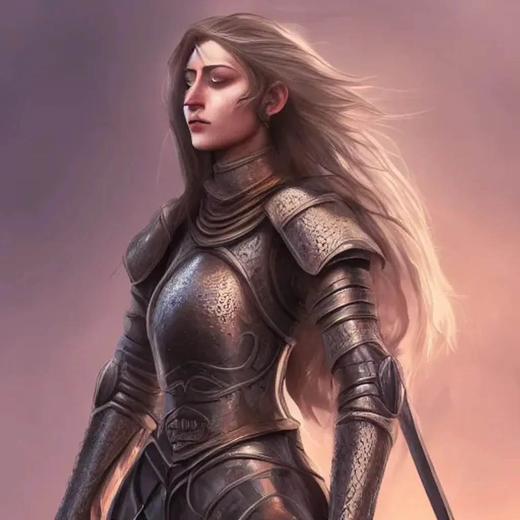 Prompt: Professional image of a female Knight, long hair, complex, fantasy, dramatic, orherworldly, intricate, digital painting, artstation, smooth, sharp focus, illustration, ancient, detailed body shape, ancient buildings background, highly historical, detailed face,