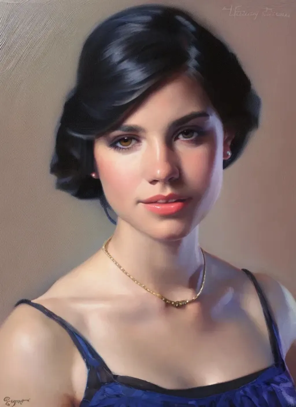 Prompt: Facial portrait of a pretty cute teenage girl, hispanic, pale skin, black hair, short hair, dark brown eyes, wearing a choker, looking at the camera, extremely detailed painting by Greg Rutkowski and by Henry Justice Ford and by Steve Henderson