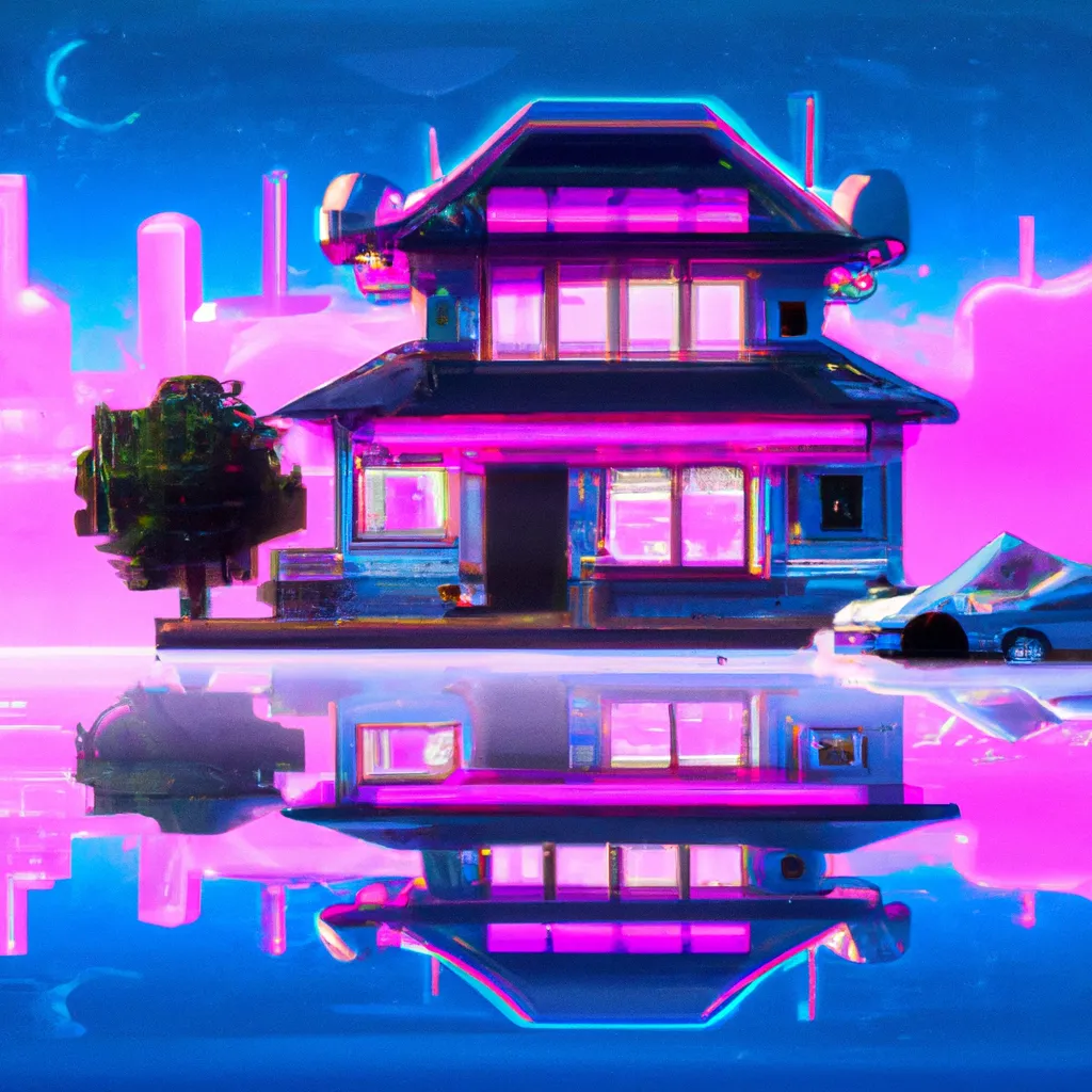 Prompt: Japanese house on mirror floor, outrun, retrowave, synthwave, vaporwave, digital art