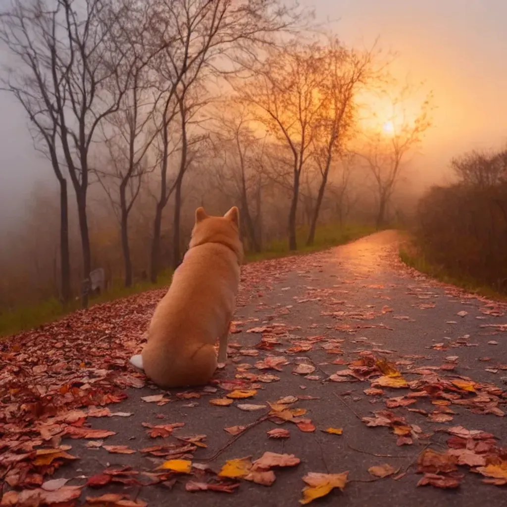 Prompt: Seeing A Shiba dog from behind, sitting on a road, waiting for owner. In the fall with trees, sunset and fog in the background. Leaves on the ground not on the trees