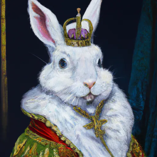 Prompt: An oil painting portrait of a rabbit wearing medieval royal robes and an ornate crown on a dark background