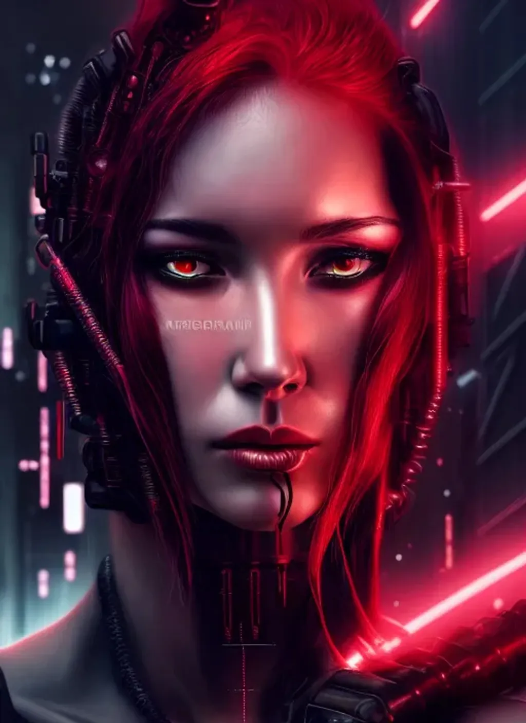 Prompt: Extremely detailed portrait of  cyberpunk red cyborg woman and with only black clothes, extremely detailed  cyberpunk street hyperrealistic background , 8k, high quality, concept art, trending on artstation, sharp focus, studio photo, intricate details, hyper detailed