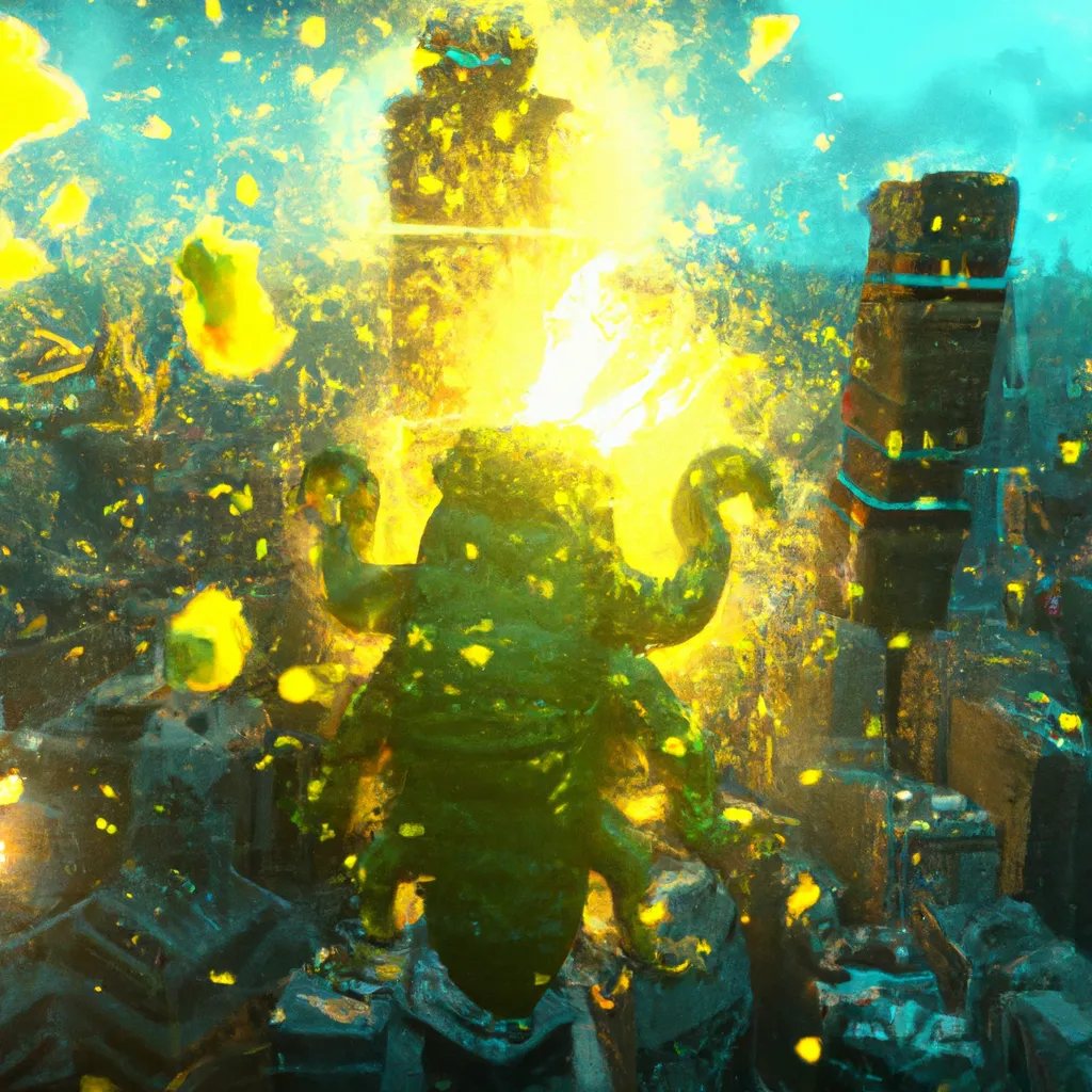 Prompt: an artificial procedural render of a lemon kaiju attacking a city, epic cinematic flares effect macro particle and ken burns zoom