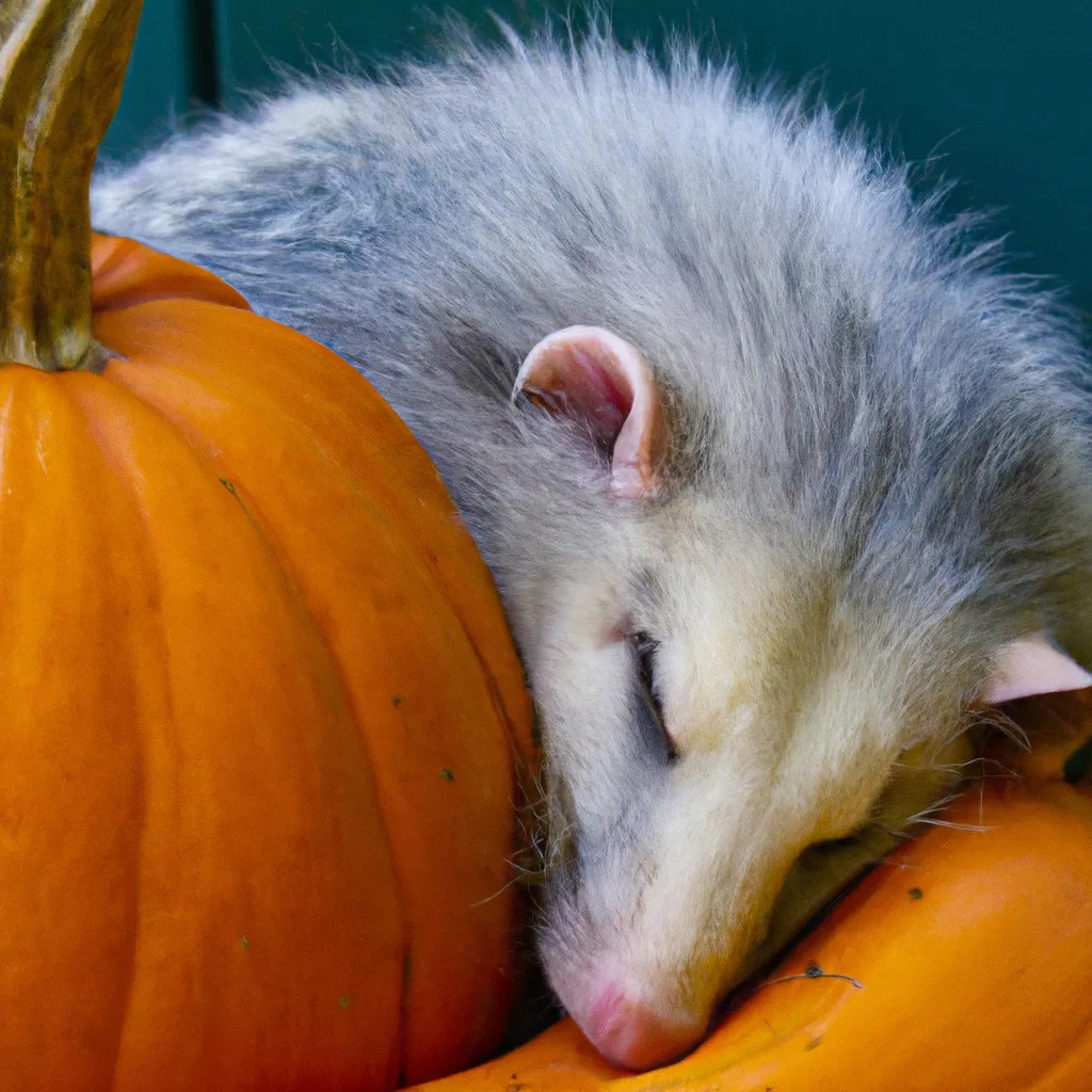 Prompt: an opossum is sleeping next to a pumpkin