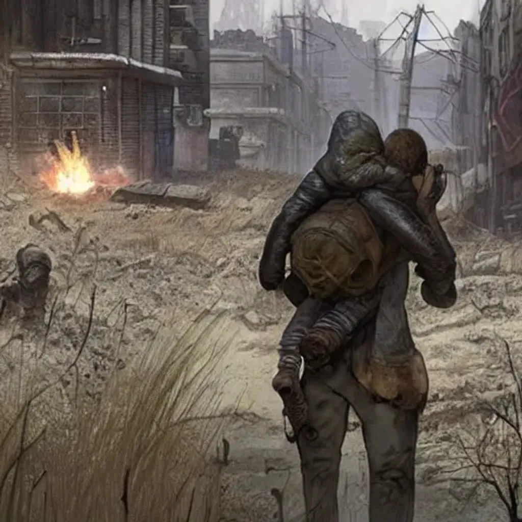 Prompt: (a still from the movie inspired by fallout and s.t.a.l.k.e.r., (a dad carrying his little girl on his back:1.2), (postapocalyptic Paris:1.0), 4k volumetric highly detailed by eddie mendoza and seb mckinnon wide lens, photorealistic, 8k, high details, hbo dark mood:1.2)