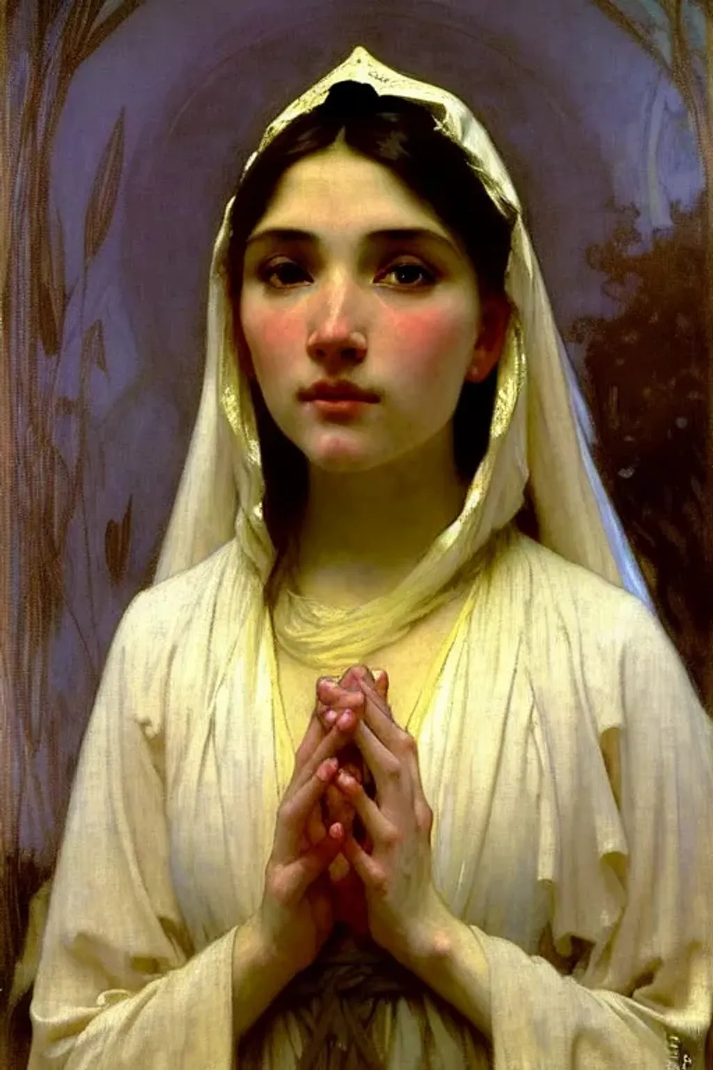 Prompt: a highly detailed portrait photo of an eurasian Virgin Mary in the morning by greg manchess, mucha, william adolphe bouguereau, john singer sargent, sorolla, winslow homer, dean cornwell, james gurney, kilin eng, ilya repin, alfred cheney johnston, robert mcginnis, iain mccaig, steve huston. 