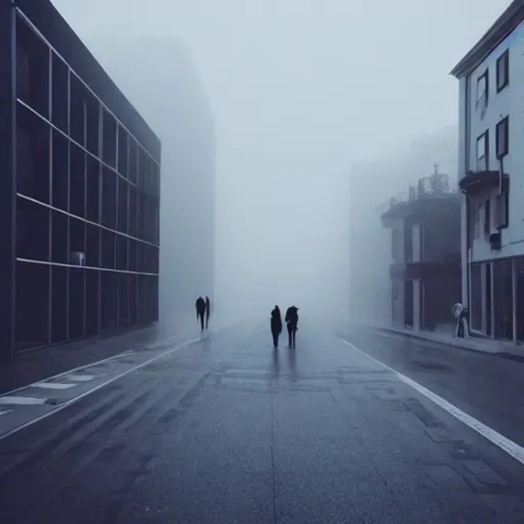 Prompt:  Modern Architecture Street, fog, buildings,  clear, nature, modern, colorful, happy,victorian people walking on road, horse cargos 