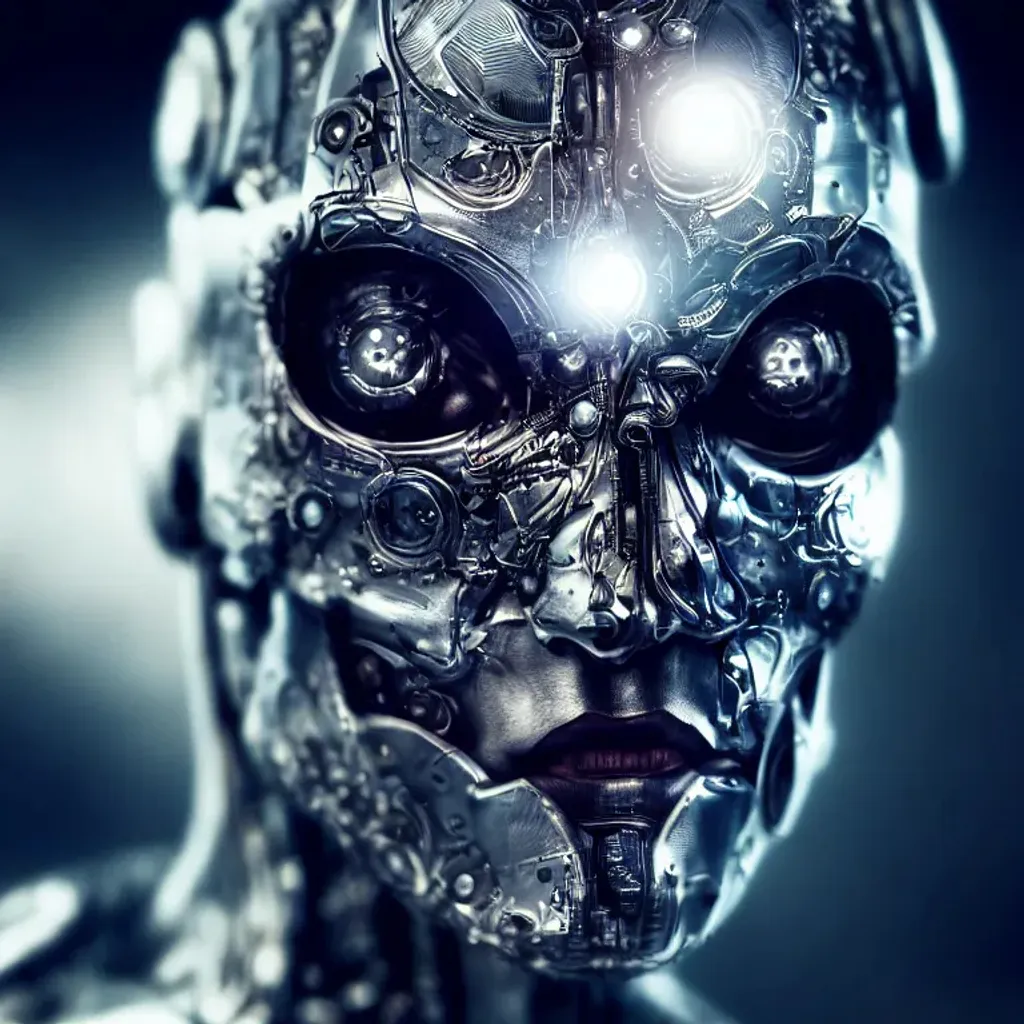 Prompt: Portrait photo of cyborg, half human, steel, jaw, metal, shiny, intricate detail, cinematic, 4k, HDR, closeup, trending on artstation, full head, precise