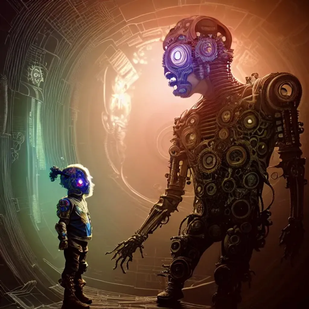 Prompt: A photorealistic 3d render of a child cyborg wearing an intricate venetian mask, raytracing, radiant colors, fantasy, dystopic, texture, magical realism, eerie, futuristic, circuits as floor, H.R. Giger, wide view shot Ellen jewett , tomasz alen kopera and Justin Gerard symmetrical features, mage punk, gears, cyber, borderlands 3