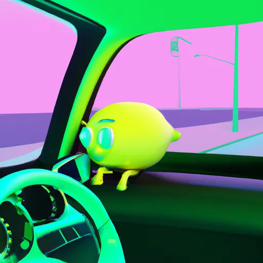 Prompt: cartoon Lemon on driver seat, drive by, window, reflection, JDM, Vapourwave, digital render, traffic, outside