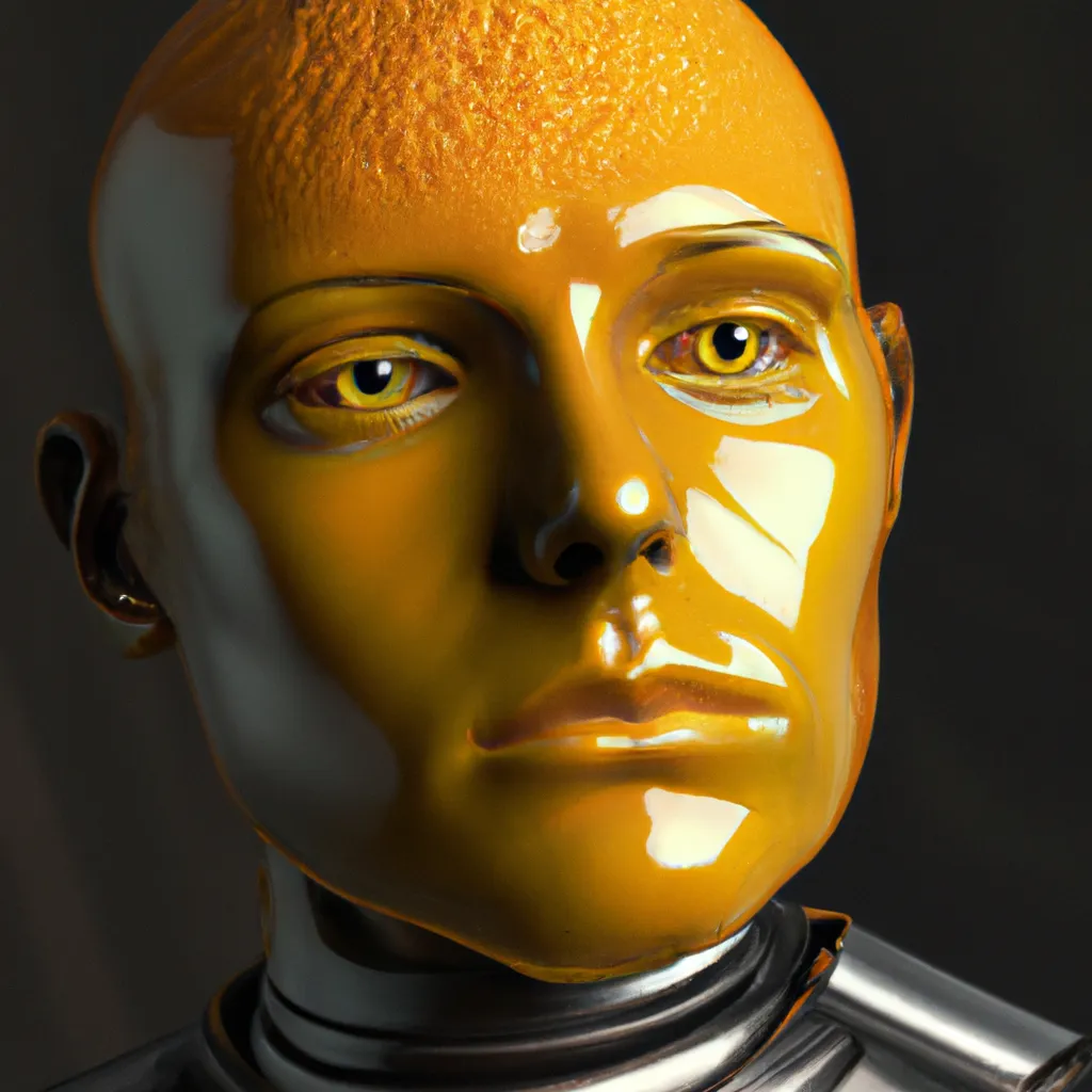 Prompt: A 4D Hyperrealistic Raytraced Portrait of a Renaissance Lemon Cyborg Man