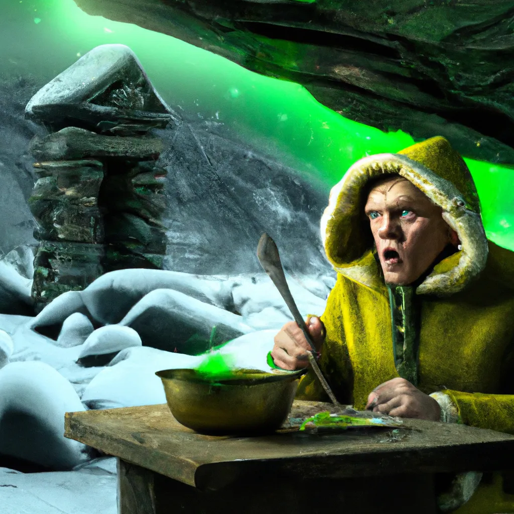 Prompt: Expressive surrealism digital airbrush hyper realistic ultra realistic sharp clear cinematic lighting horror darkness. Movie still poster of a man with a yellow caped coat on the edge of a deep forest eating in a temporary stone kitchen. Winter. Aurora borealis green.