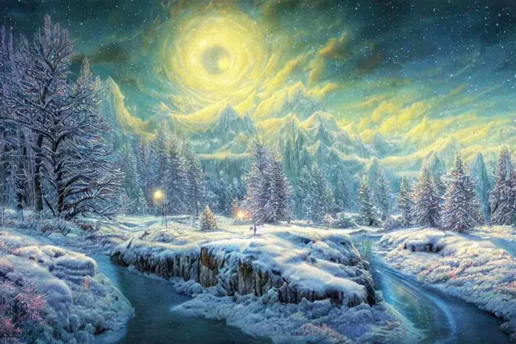 Prompt: Winter Wonderland, Beautiful Fantasy Landscape, Realistic And Natural, Cosmic Sky, Detailed Full-Color, Nature, Hd Photography, Fantasy By John Stephens, Galen Rowell, David Muench, James Mccarthy, Hirō Isono, Realistic Surrealism, Elements By Nasa, Magical, Detailed, Alien Plants, Gloss, Hyperrealism