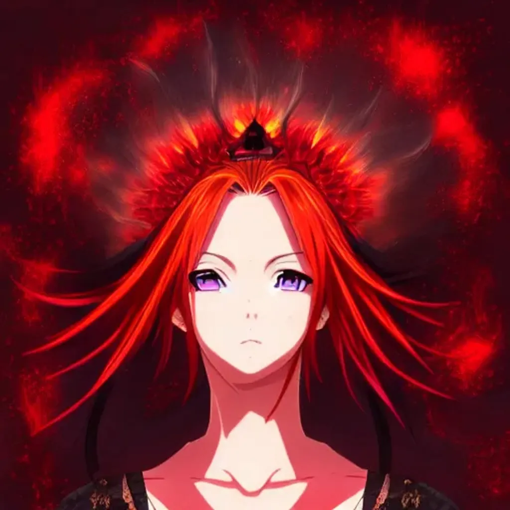 Prompt: anime portrait of a {fire goddess}, anime eyes, beautiful intricate {red} hair, shimmer in the air, symmetrical, in re:Zero style, concept art, digital painting, looking into camera, square image