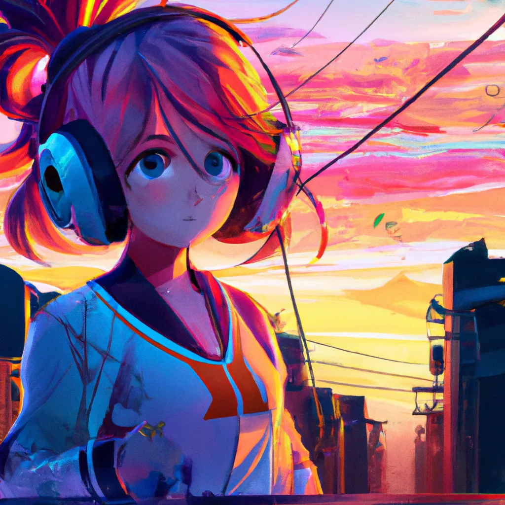 Prompt: American shot anime key disney visual of an anime girl wearing headphones, the background is a sunset at dusk by a cyberpunk city; brown, orange, green and dark blue colour palette; Digital art, trending on artstation, Photorealistic Illustration, anime key visual, cinematic, Ultra Detailed