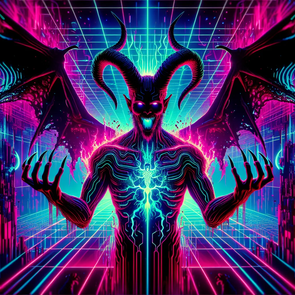 Prompt: demon, hell, demonic, gothic, vaporwave, retro, neon, aesthetic, liminal, high quality, high definition, beautiful, dramatic lighting