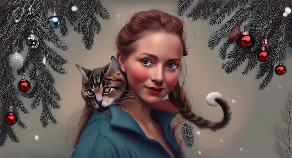 Prompt: young woman, cat on shoulder, photorealistic eyes, attractive, elegant, confident, optimistic, smiling, indigo pine red fulvous silver photorealistic beautiful big eyes, heavenly look, highly detailed modern Christmas style clothing, fine skin details, by Amanda Sage, Theodor von Holst, Edwin Landseer, Winter, snowflakes, poinsettia,  Vintage photograph, portrait painting, global illumination, occlusion, volumetric lighting, volumetric mist, sharp focus, 128K UHD Poser, octane 