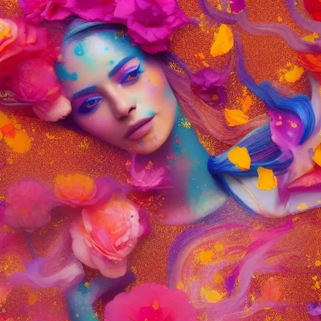 Prompt: seamless pattern of Beautiful persian Goddesses dissolving into colorful liquid oil paint, wind, Glitter, colored smoke, rose petals, koi Fishes goldfishes dahlias lotus flowers cherry blossoms, colorful Silk fabrics and Roses floating in the air encircling the face, cinematic lighting, photo realistic, digital painting, hyperrealistic, ultra realistic, artstation, by karol bak Francois Nielly and William adolphe bouguereau