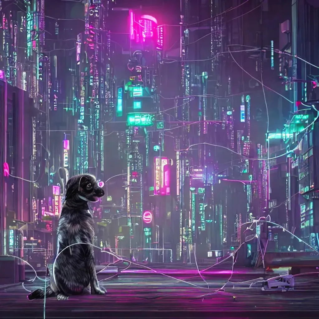 Prompt: Cyberpunk dog with wires instead of hairs around his head in a nightlife city full of advertising