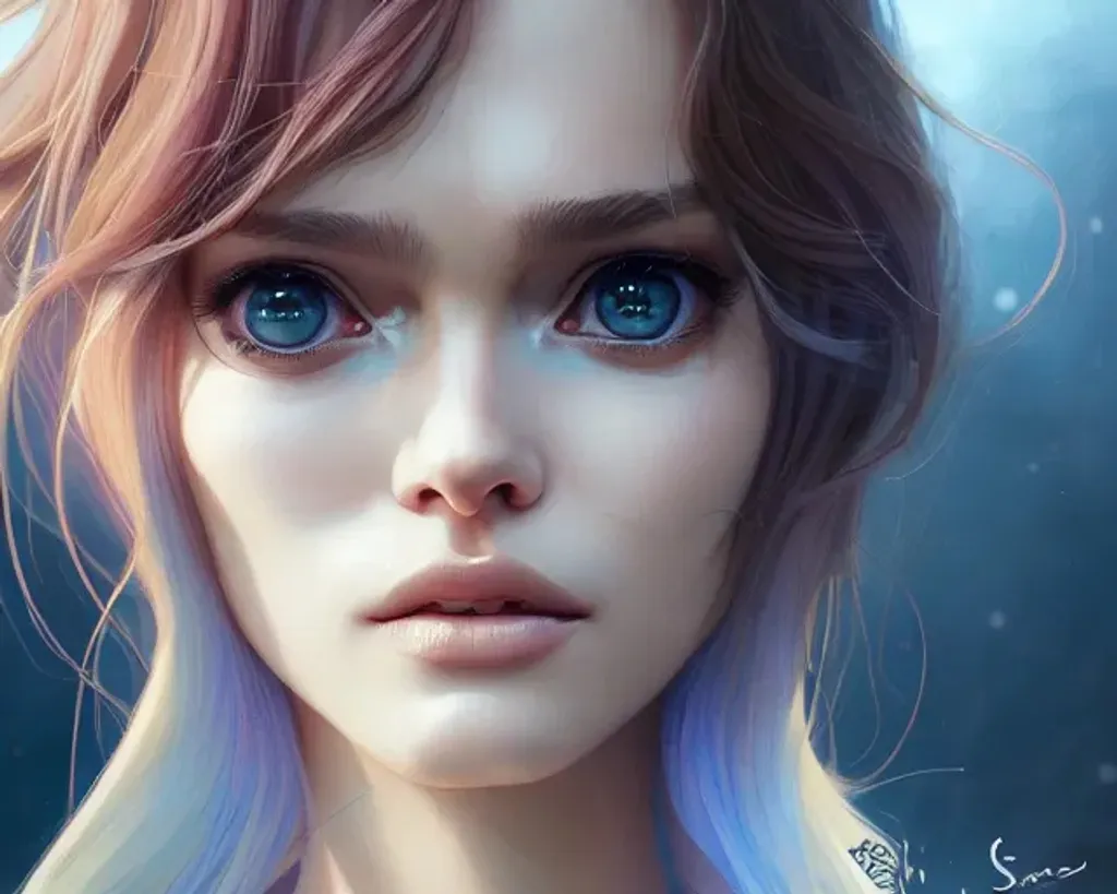 Prompt: Closeup face portrait of Vanessa Paradis, smooth soft skin, big dreamy eyes, beautiful intricate colored hair, symmetrical, anime wide eyes, soft lighting, detailed face, by makoto shinkai, stanley artgerm lau, wlop, rossdraws, concept art, digital painting, looking into camera
