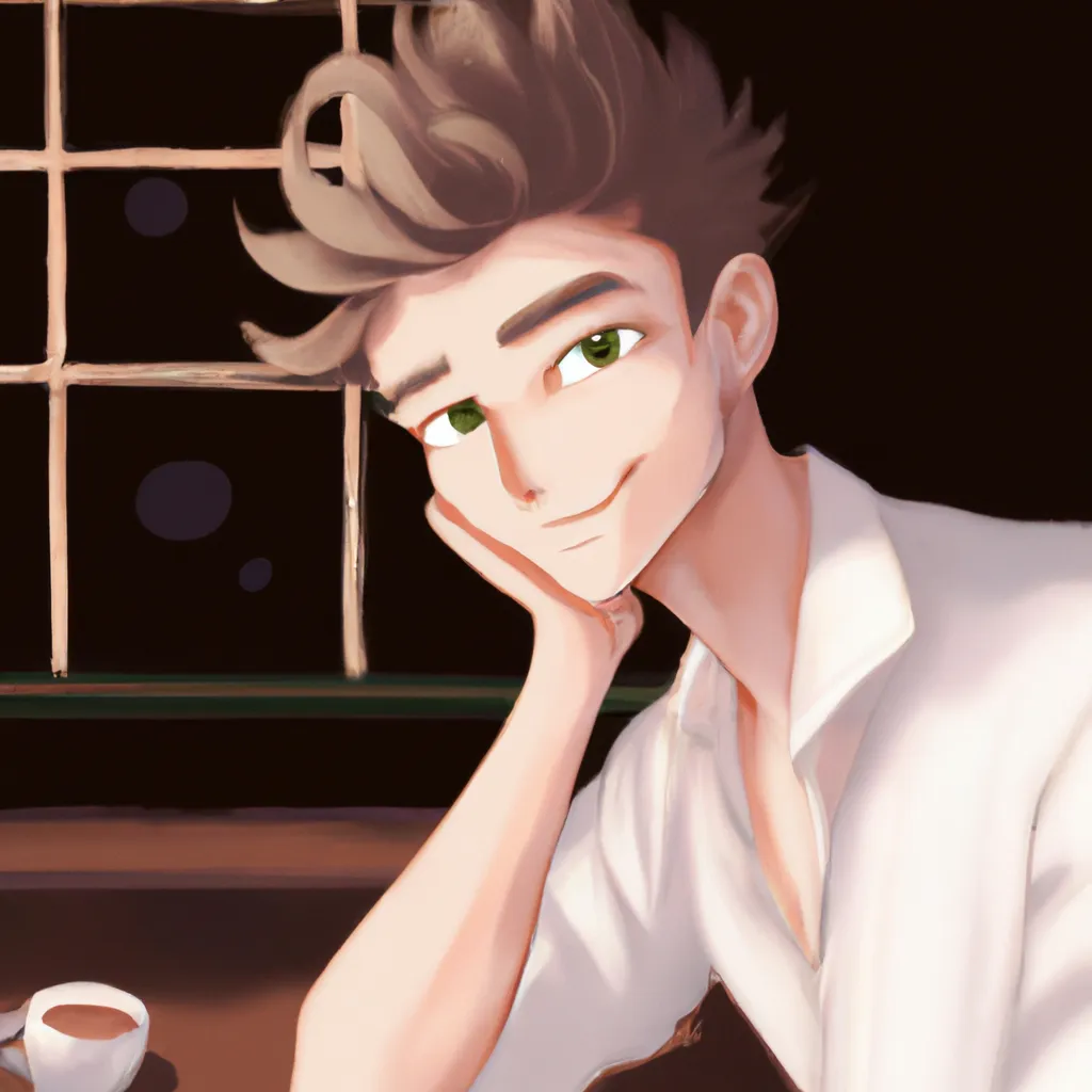 Prompt: anime art, afternoon, warm detailed colorful slice-of-life miyazaki anime art, beautiful miyazaki-style art, handsome irish man with medium dark brown spiky hair sitting by a coffeeshop window, wearing white dress shirt, profile picture, smiling for camera, face focus, looking at camera