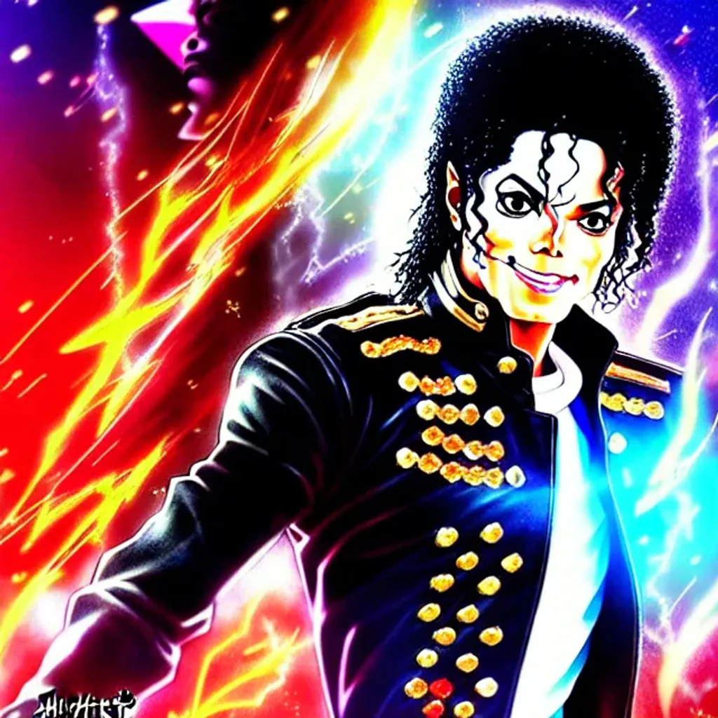 Prompt: HIStory Michael Jackson as an epic Shonen character, masterpiece musical artwork by hitapato whouak, smooth criminal, front lit, neon back lit, highly detailed art, rythm scene, sharp focus, smooth, 8k pixiv edgy, made of molten knitted sparkles