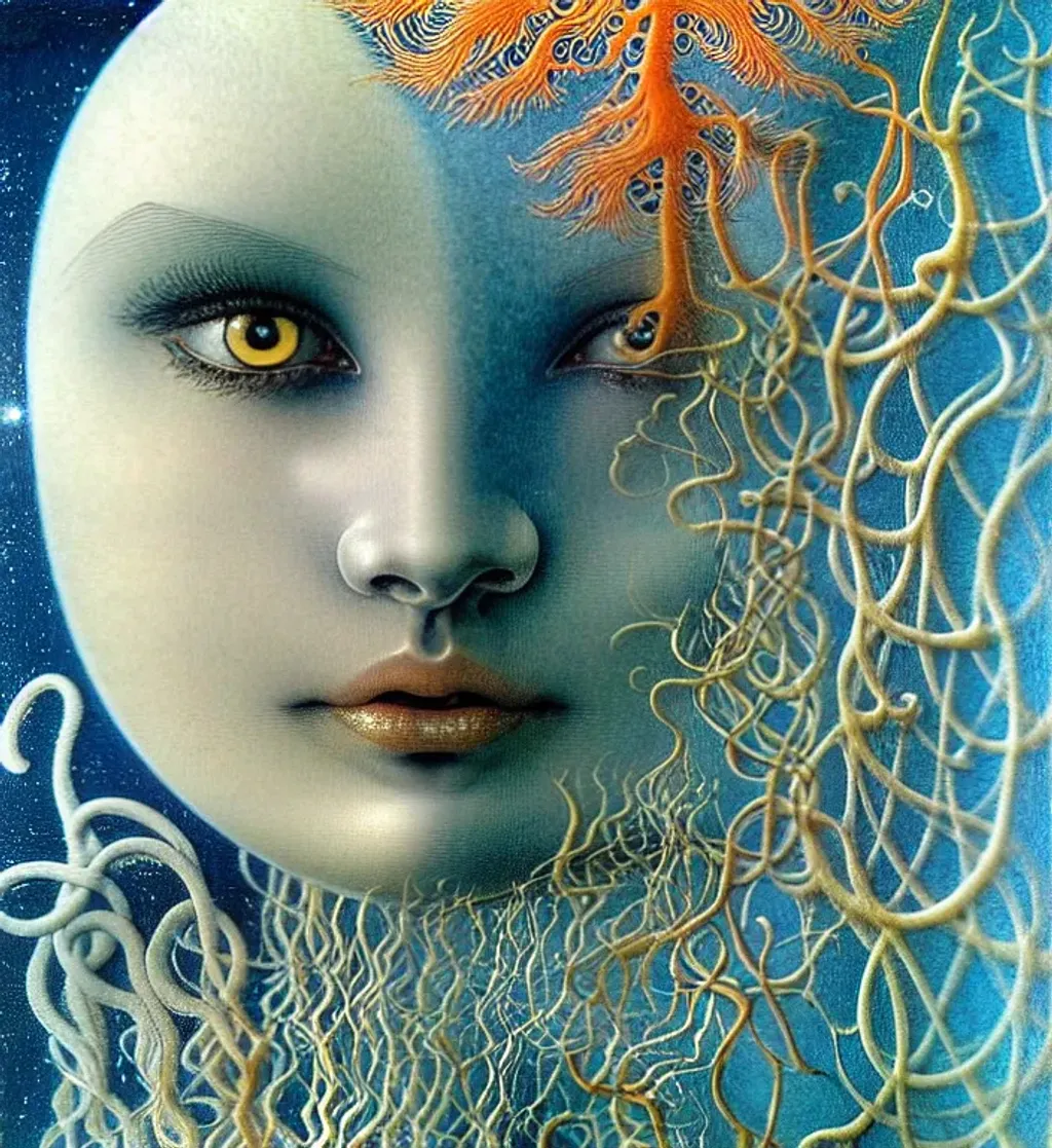 Prompt: (( woman cherub shapeshifter by Alan Lee, J. Turner, David Hockney,  )) (lynx-Influence) indigo cream curry, pine, tangerine, silver photorealistic eyes, beautiful face, beautiful hands, impeccable skin details, very healthy, galaxy hair, glowing translucent fractal ((snowflakes)) by ((Ernst Haeckel, John Berkey)) background theme (murmuration of icicles) made of shining translucent silicone, high index of refraction, bioluminescent (fractal spray of droplets) by ((Yayoi Kusama, Howard David Johnson)) airbrush, acrylic on paper, smokey sky, fBm clouds, sunlight and shadows,  cinematic, ultra realistic, sense of high spirits, global illumination, volumetric fog,  volumetric lighting, occlusion, Poser 128K UHD fractal, pi, fBm