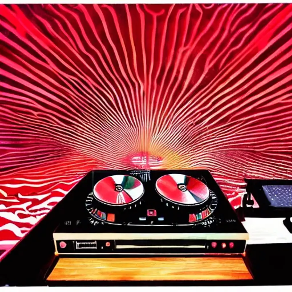 Prompt: a dj set full of kights and sono systems, behind the dj the sun rises and in front of him cool people are dancing, the atmosphere is red colored and its like the last dinner painting