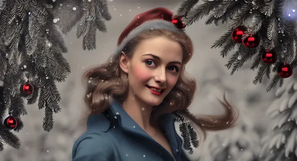 Prompt: young woman, attractive, elegant, confident, optimistic, smiling, indigo pine red fulvous silver photorealistic beautiful big eyes, heavenly look, highly detailed modern Christmas style clothing, fine skin details, by Theodor von Holst, Edwin Landseer, Winter, snowflakes, poinsettia,  Vintage photograph, portrait painting, global illumination, occlusion, volumetric lighting, volumetric mist, sharp focus, 128K UHD Poser, octane 