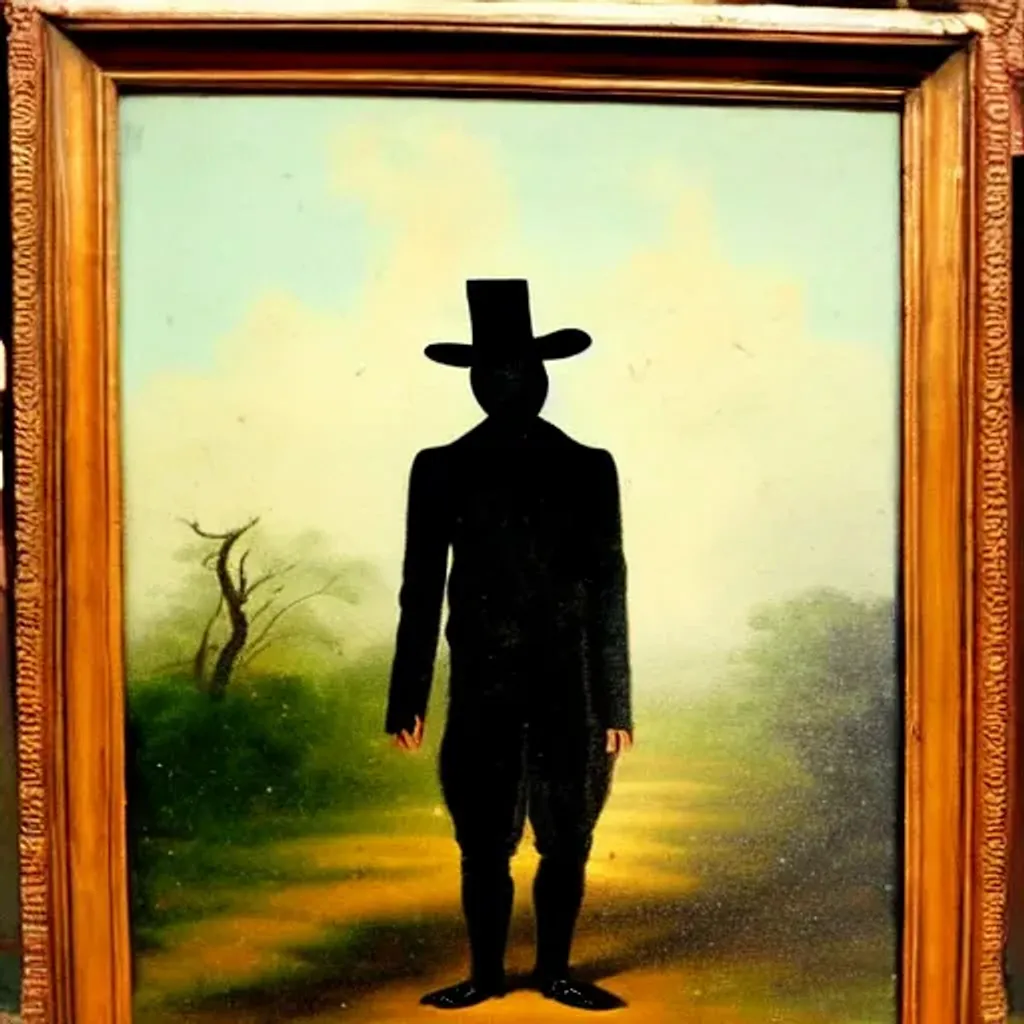 Prompt: 1800s painting of a shadow man standing far away in rain 