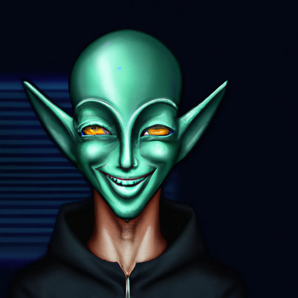 Prompt: Alien smirking, hyper realistic, illuminati, anime art, explore