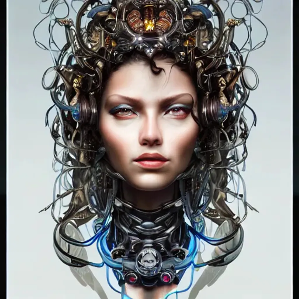 Prompt: high intricate portrait of medusa with cybernetic enhancements, maria panfilova, andrea savchenko, mike kime, ludovic plouffe, qi sheng luo, oliver cook, makoto shinkai, trending on artstation