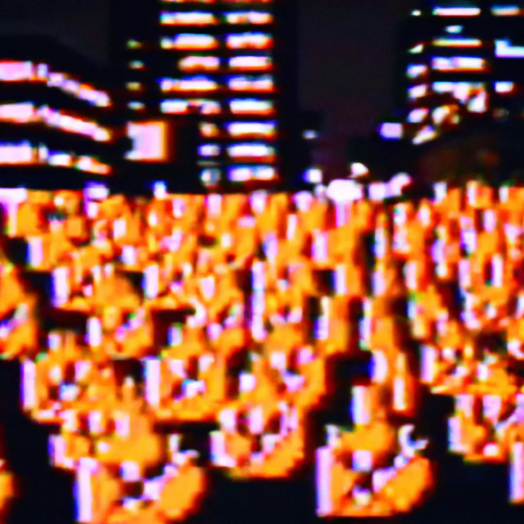 Prompt: A heavily distorted 1993 VHS footage of a thousands of jack-o-lanterns in a city