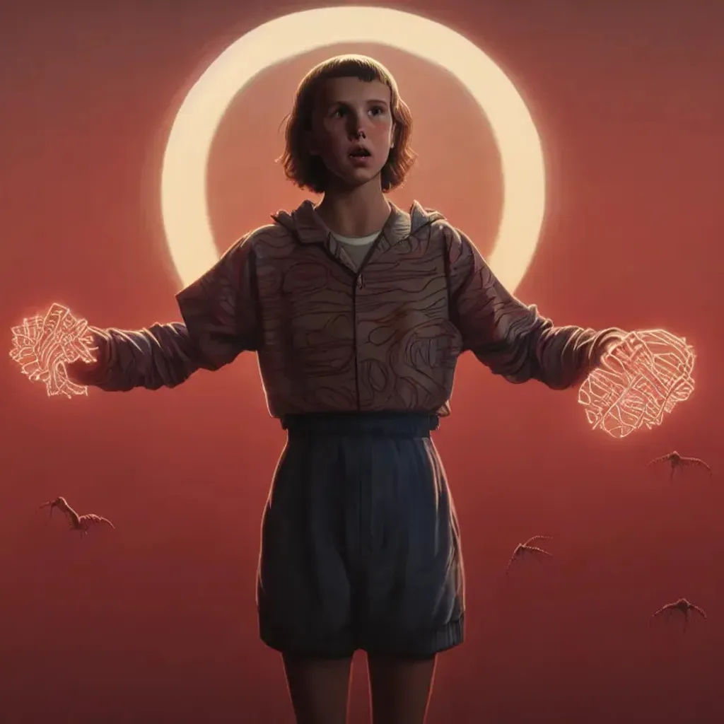 Prompt: Millie Bobby Brown from Stranger Things facing the camera with her hand outstretched with things floating all around her, fullbody, intricate, highly detailed, artstation, concept art, smooth, sharp focus, illustration, art by greg rutkowski and orientalism and bouguereau and Zdzislaw Beksinski, good clear quality, lighting, biology, symmetrical artwork, perfect face, 135 mm, cinematic, hyper realism, high detail, octane render, 8k, chrome accents