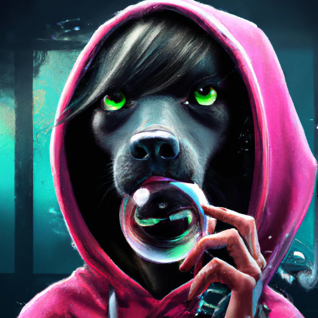 Prompt: Anime character, a black dog with green eyes wearing a hoodie and popping a pink bubble gum, Synthwave, a character portrait by Andrei Kolkoutine, Artstation, sots art, 2d game art, quantum wavetracing, dark and mysterious By Laurie Lipton, Zdzislaw Beksinski