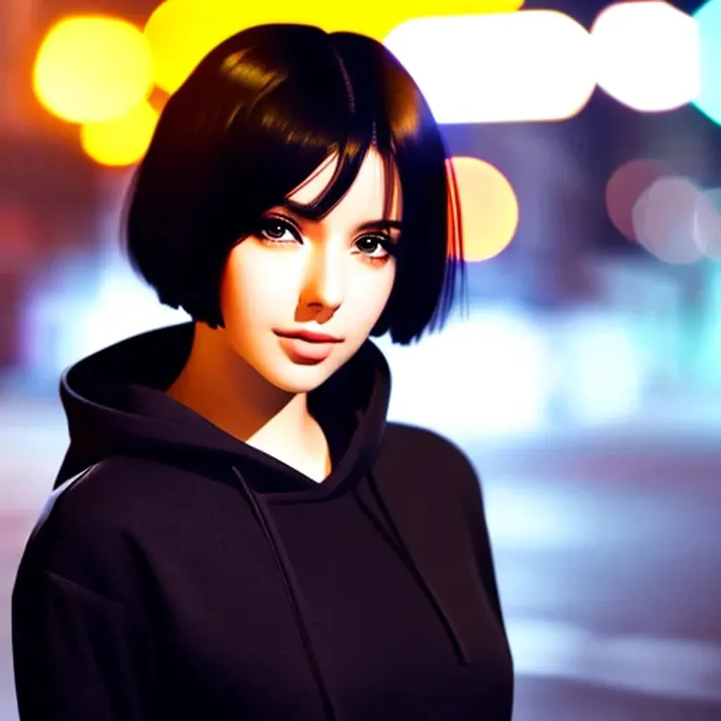 Prompt: SamDoesArt a girl, hispanic, black hair, short hair, dark brown eyes, pale olive skin, t-shirt, rounder face, cute, city, night, neon, rain, HDRI, masterpiece, smooth, sharp focus, illustration, golden ratio, anime.