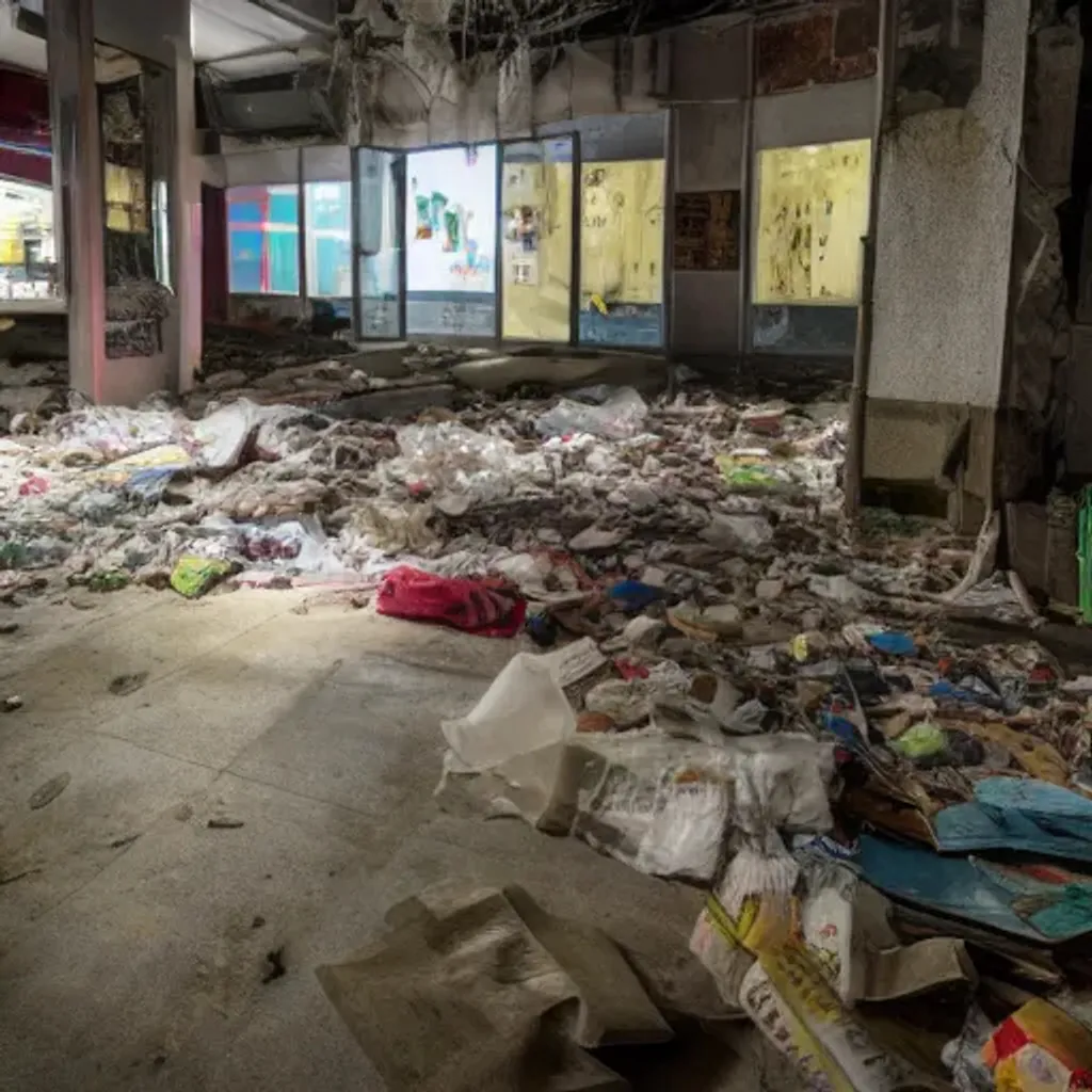 Prompt: abandoned store in taiwan, garbage and bed on floor, at night, liminal space