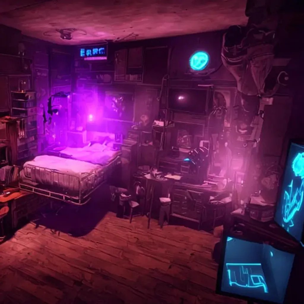 Prompt: bioshock's rapture in neons in a fort frolic, bedroom apartment with a bed and a desktop workspace with 3 monitors