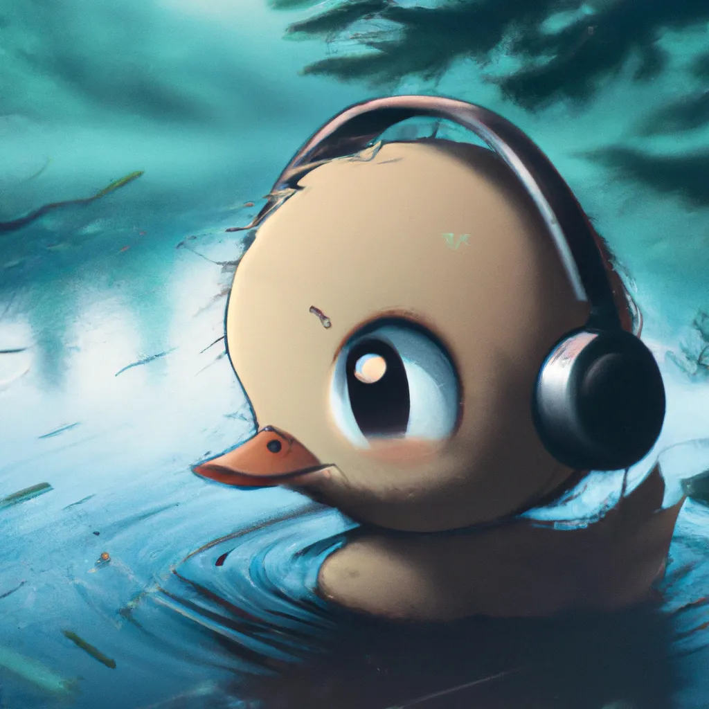 Prompt: a key anime visual of a cute adorable duckling listening to music, happy, digital Art, forest background, perfect composition, beautiful, trending on pixiv, 8 k concept art, cinematic, soft lighting, anime visual, official media, spy x family, call-shaded. detailed, detailed face, a still from Bambi, animated poster