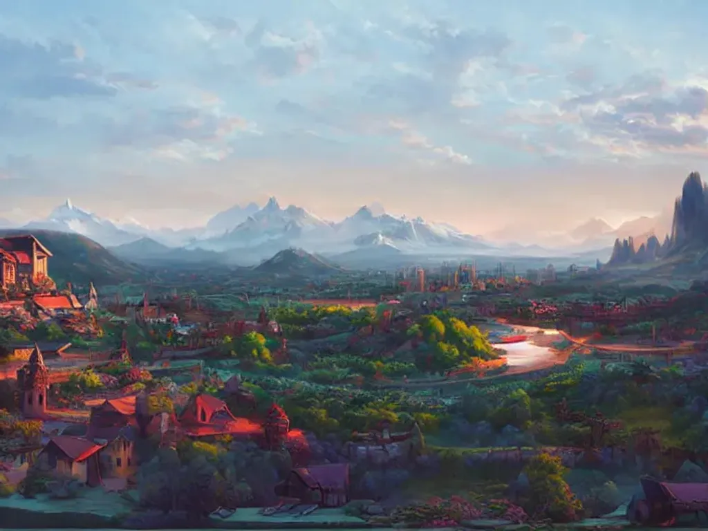 Prompt: Large city with mountains in the distance at bright sunset, fantasty digital art