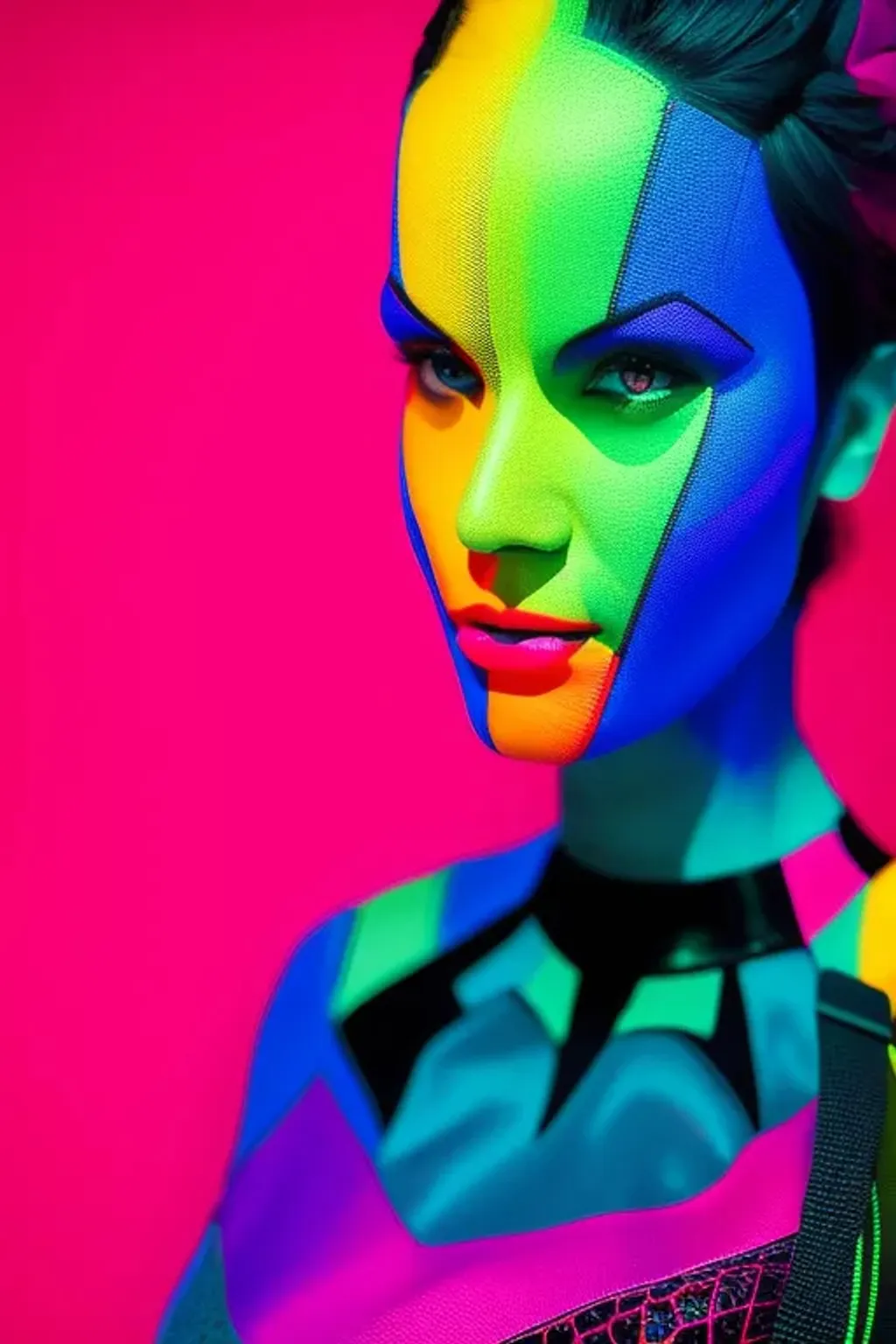 Prompt: Vivid Neon Colors, Portrait Photo of a Women Superhero, Long shot, highly detailed, intricate detail