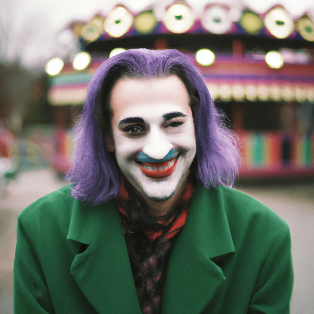 Prompt: A handsome man with clown makeup. Long green hair. A purple overcoat. Dress clothes. The man has a creepy smile. 35 mm film grain. Nikon. Bokeh. At an Amusement park.