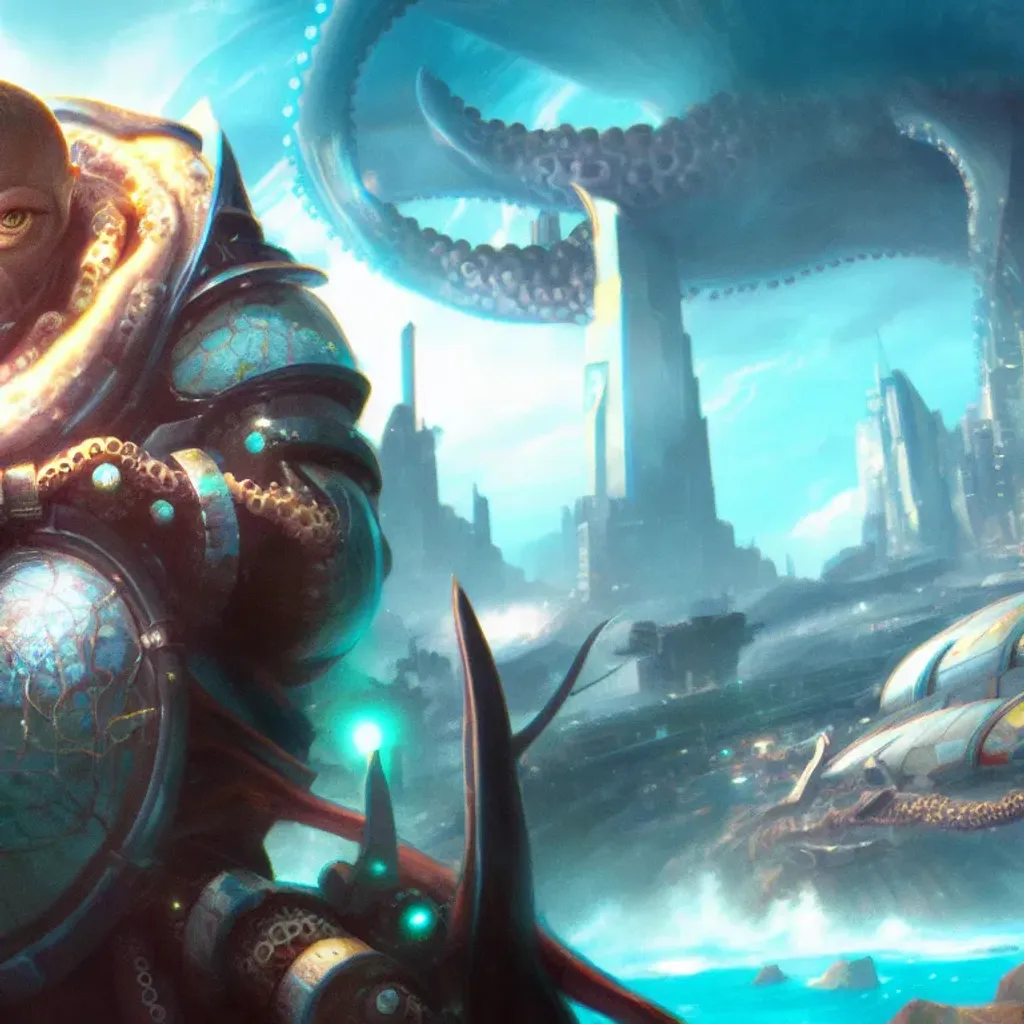 Prompt: octopus human hybrid looking at in to a city on the ocean, futuristic, cyberpunk , movie thumbnail, epic, realistic, detailed, a detailed painting, by Kaja Foglio, trending on Artstation, card game illustration, computer game art, trending on artstattion, leblanc