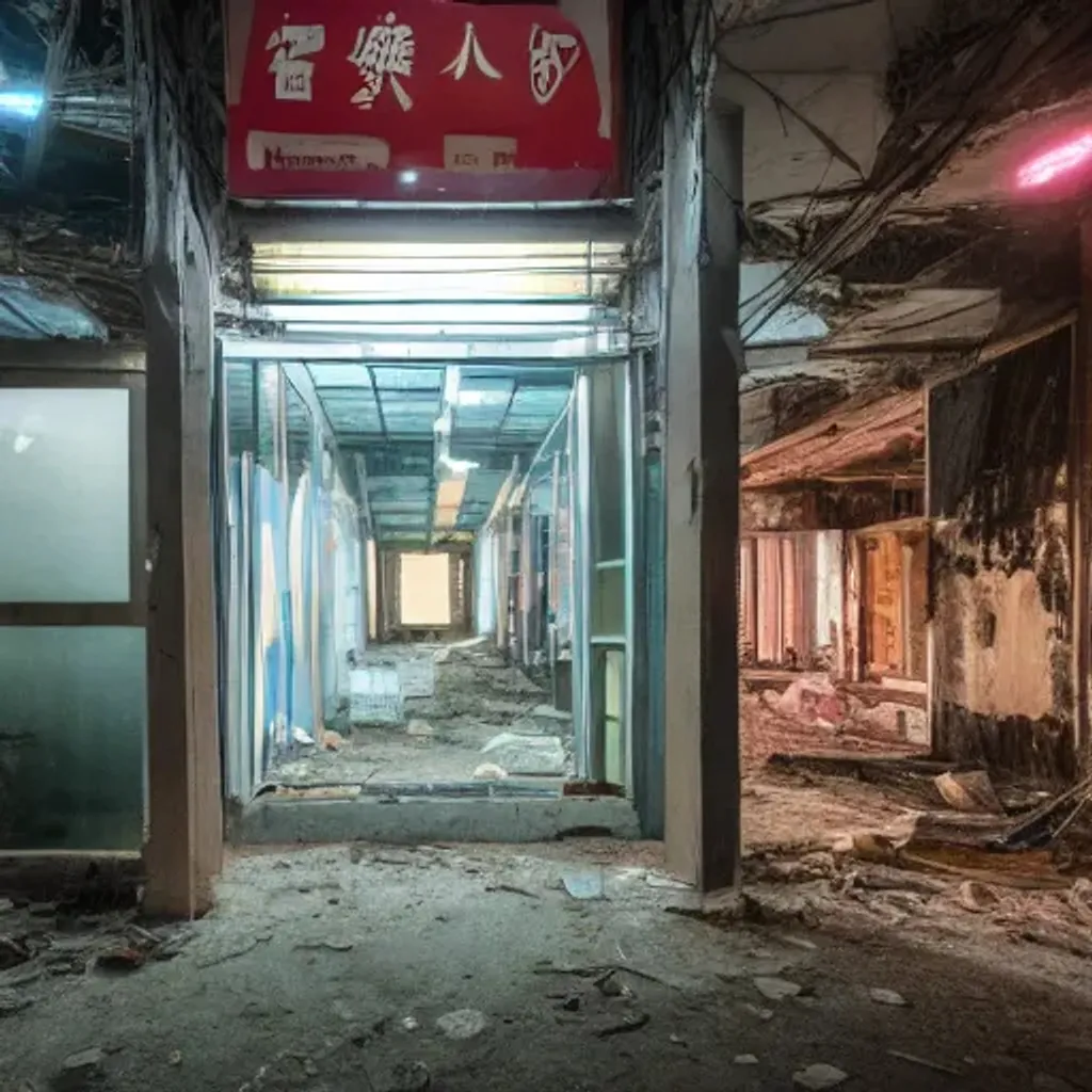 Prompt: abandoned store in taiwan, at night, liminal space