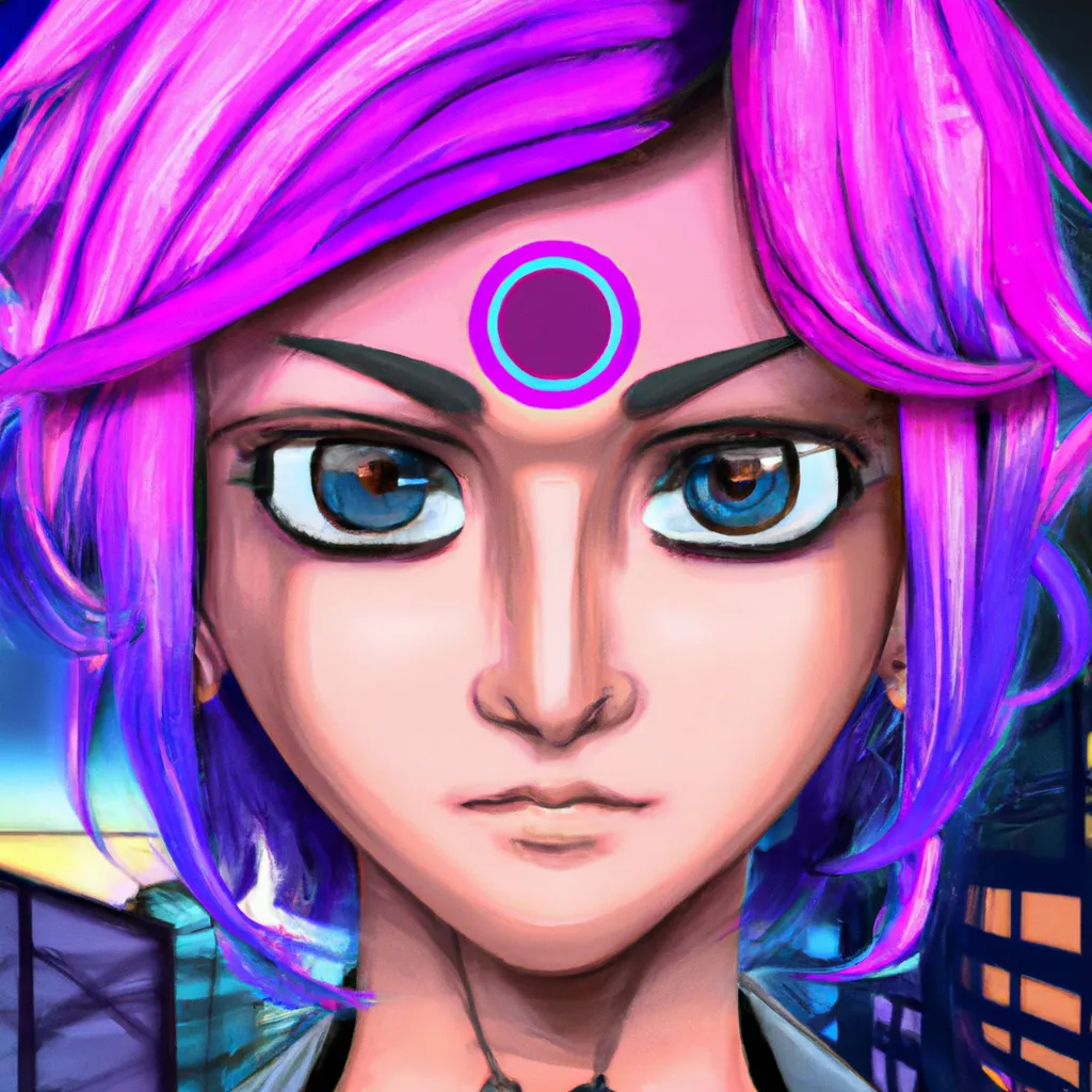 Prompt: anime cartoon style anime full facial portrait , Cyberpunk city background style by Katsuhiro Otomo, female with long pink and purple hair, detailed face, with large blue eyes, determined face