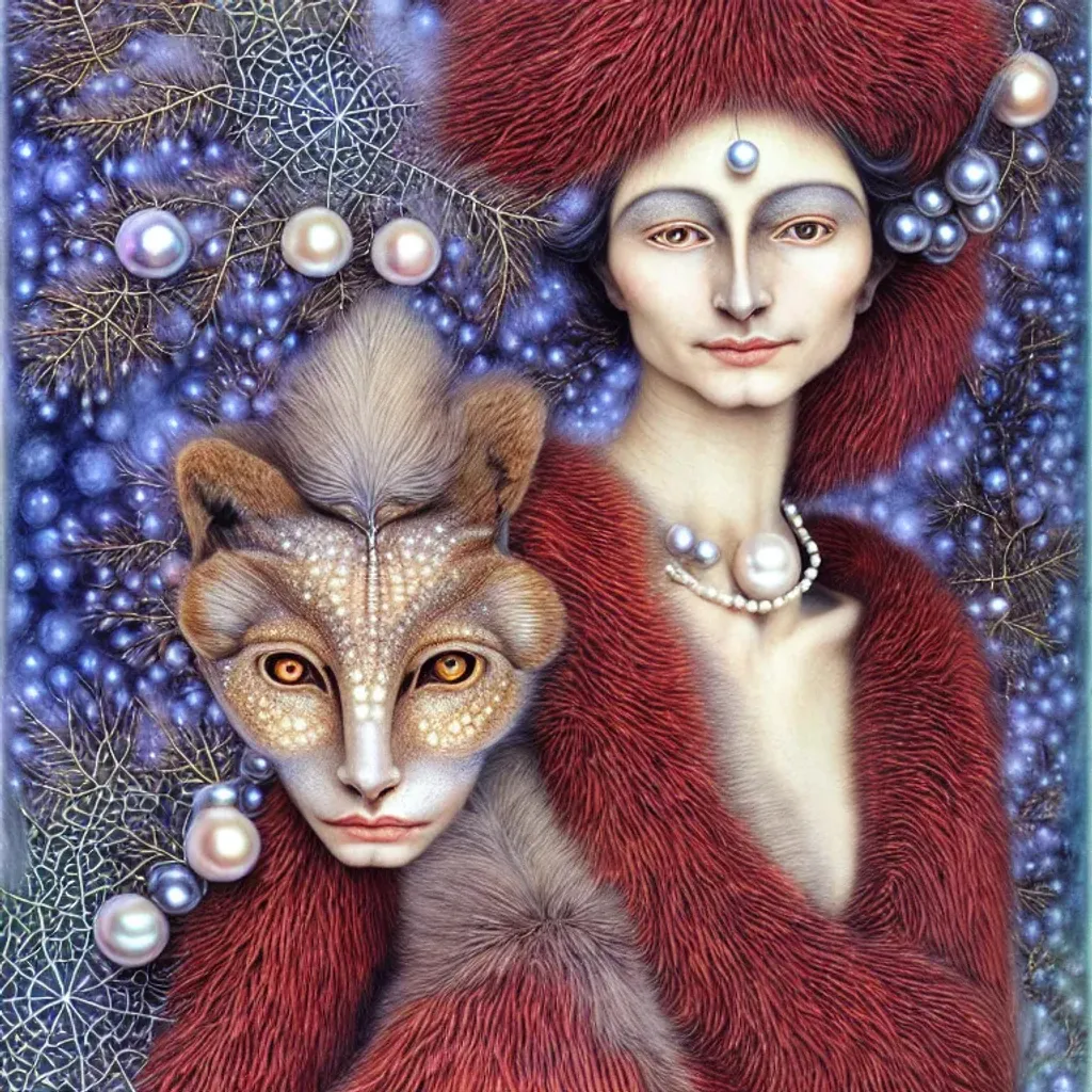 Prompt: humanoid lady fursona, (Felinoid), by Amanda Sage, marie spartali stillman, attractive, elegant, confident, optimistic, smiling, indigo pine red fulvous silver photorealistic beautiful eyes, heavenly look, pearls and Ruby jewelry, highly detailed long silken fur, Winter, background theme fireworks, fractal snowflakes by Ernst Haeckel, Android Jones, ryan hewett, furaffinity,  ((frontal centered composition)) portrait, ultra realistic, global illumination, occlusion, volumetric lighting, volumetric mist, sharp focus, narrow DoF, 128K UHD Poser, octane, pi, fractal, fBm 