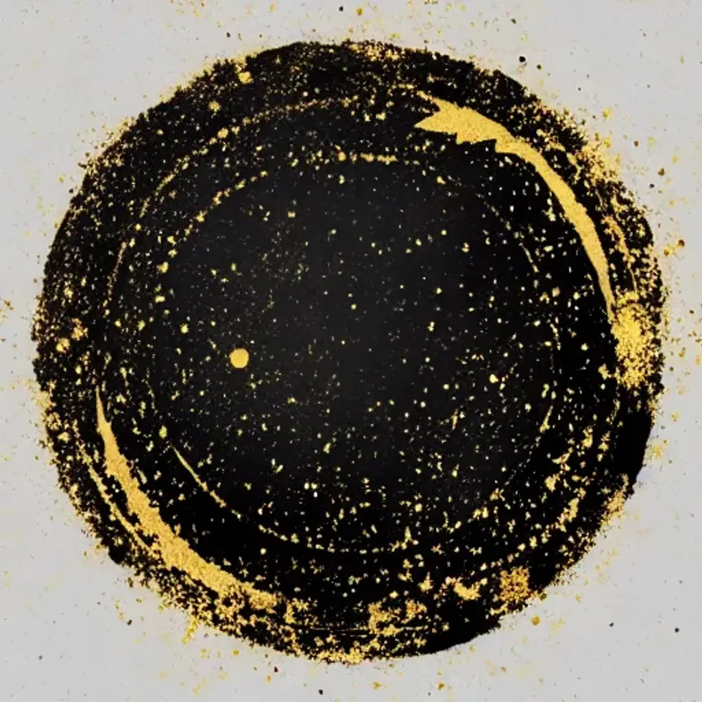 Prompt: a black circle with gold paint splatters on a white background, by Esaias Boursse, shutterstock, black cloak hidden in shadows, (((((((no glow))))))), gold rings, eternal eclipse, charcoal skin, rich decaying bleeding colors, black line art, omega, anti-aliased, google images search result