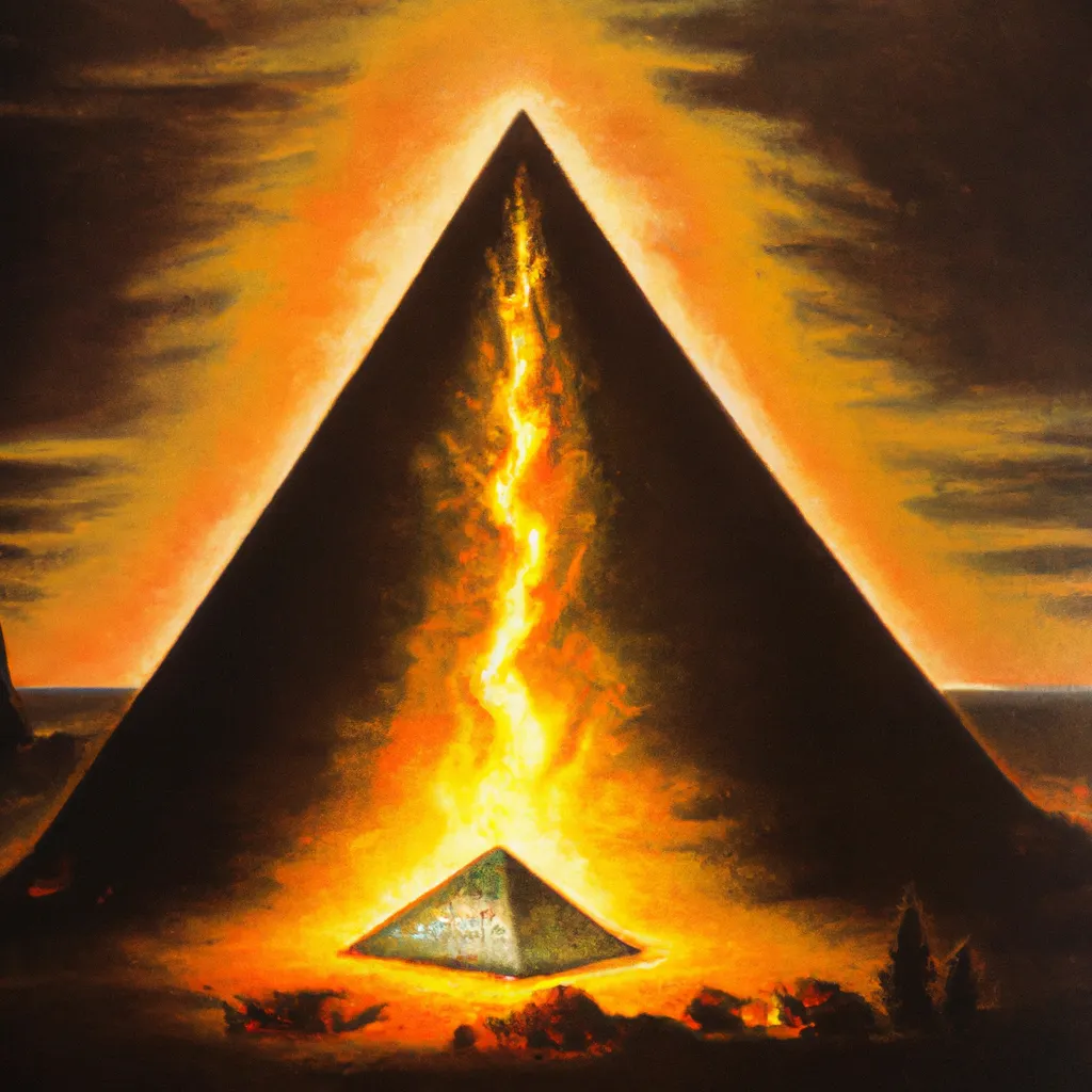 Prompt: 1800s painting of an upsidedown pyramid on fire